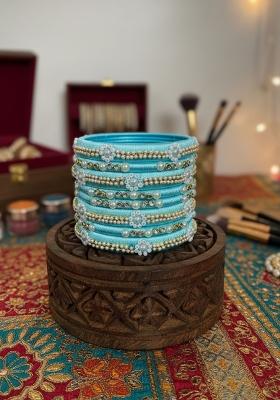 Light Blue Kundan Work Silk Bangle Set