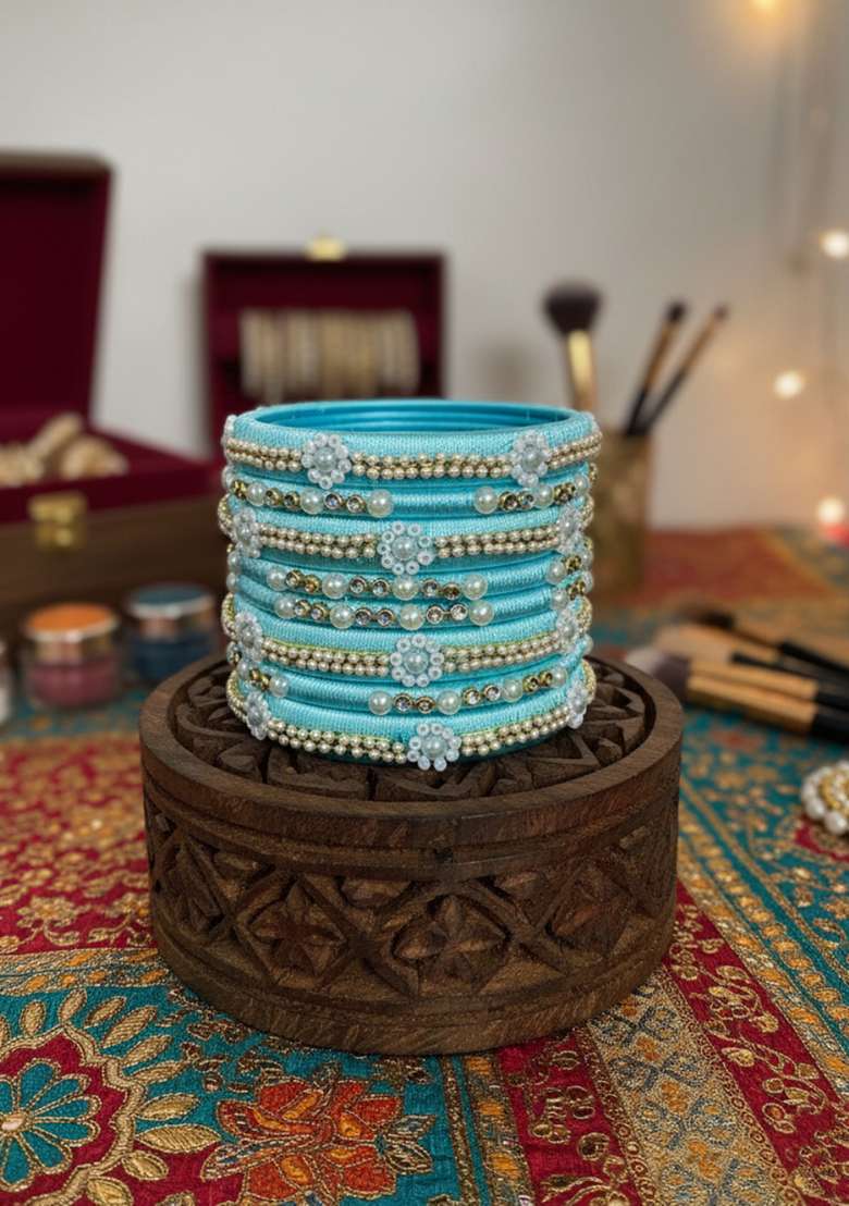 Light Blue Kundan Work Silk Bangle Set - Indya