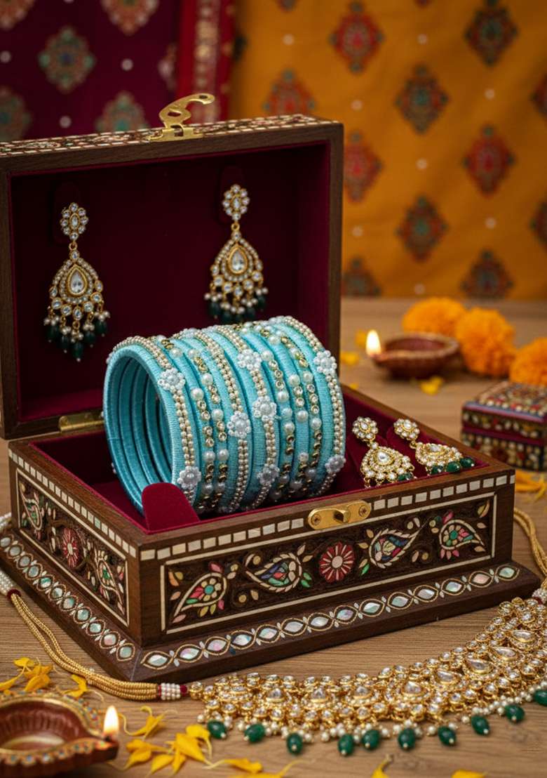 Light Blue Kundan Work Silk Bangle Set - Indya