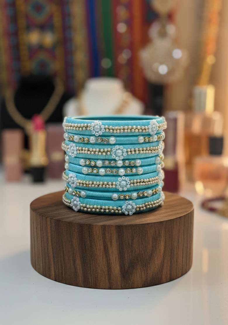 Light Blue Kundan Work Silk Bangle Set - Indya