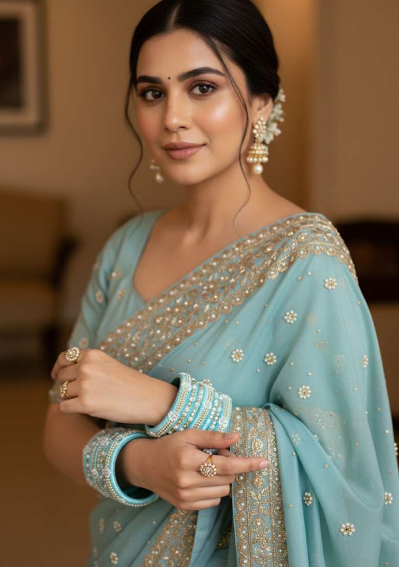 Light Blue Kundan Work Silk Bangle Set - Indya