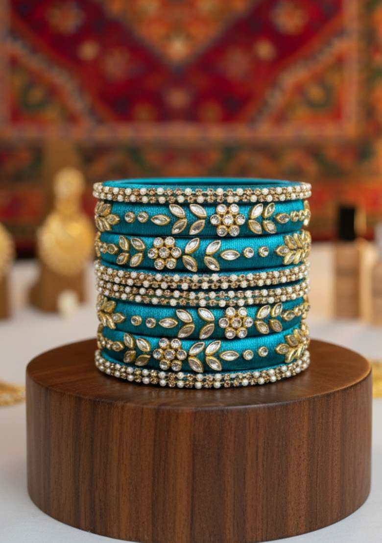 Dark Teal Kundan Work Silk Bangle Set - Indya