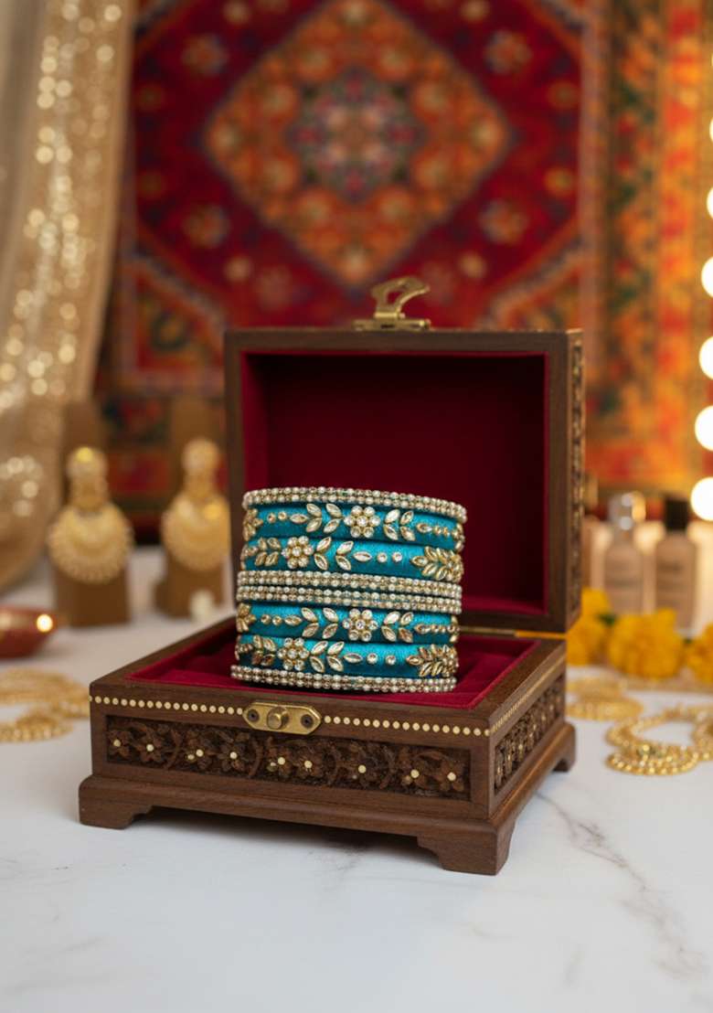 Dark Teal Kundan Work Silk Bangle Set - Indya