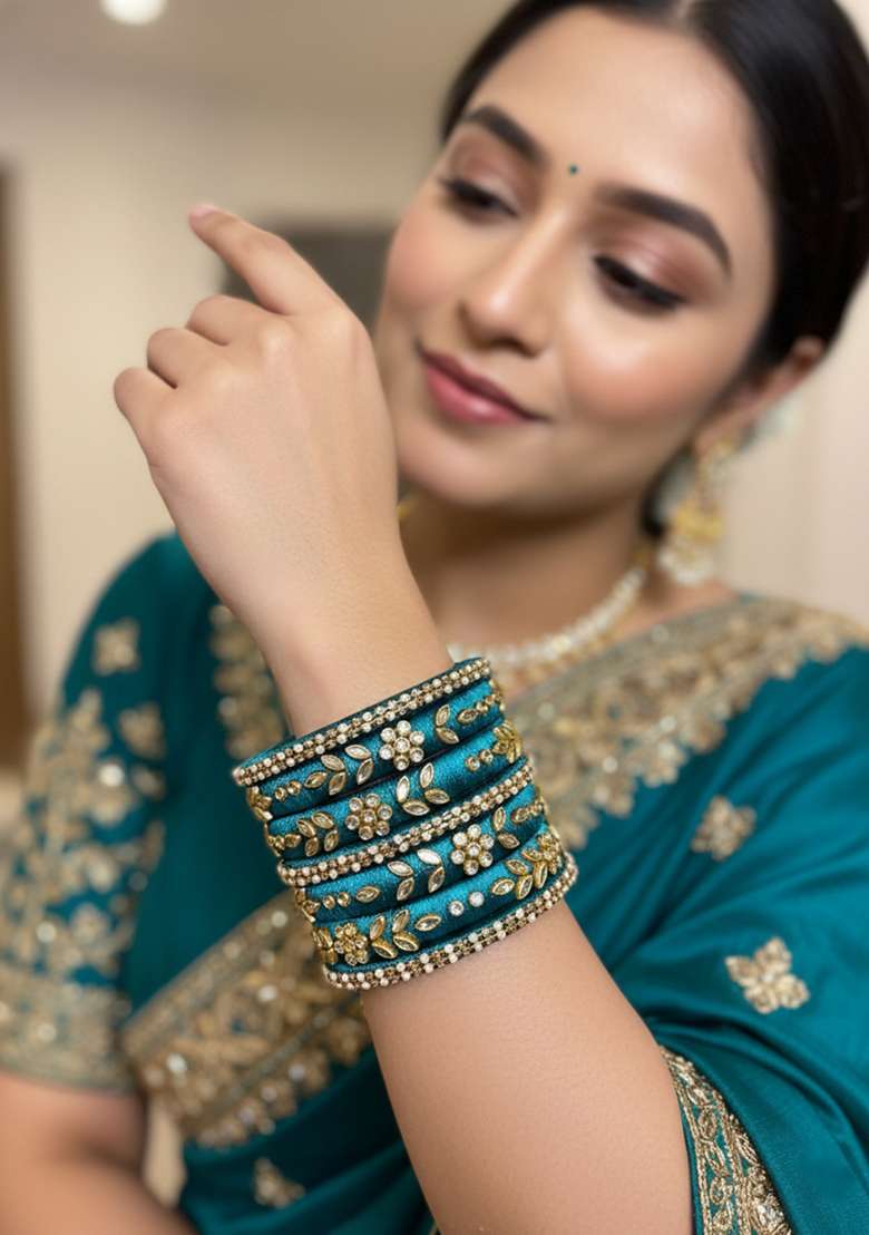 Dark Teal Kundan Work Silk Bangle Set - Indya