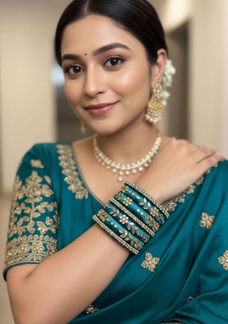 Dark Teal Kundan Work Silk Bangle Set - Indya
