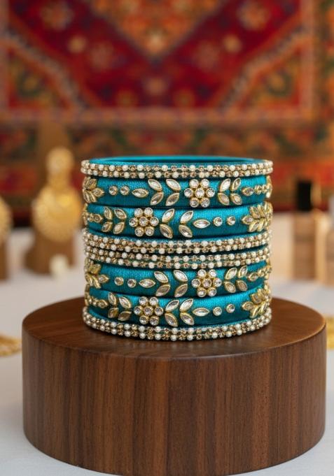 Dark Teal Kundan Work Silk Bangle Set