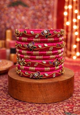 Magenta Kundan Work Silk Bangle Set