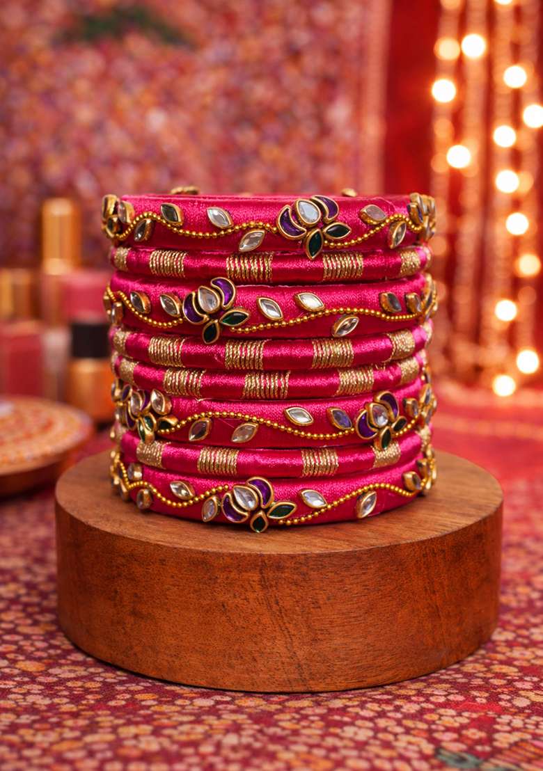 Magenta Kundan Work Silk Bangle Set - Indya