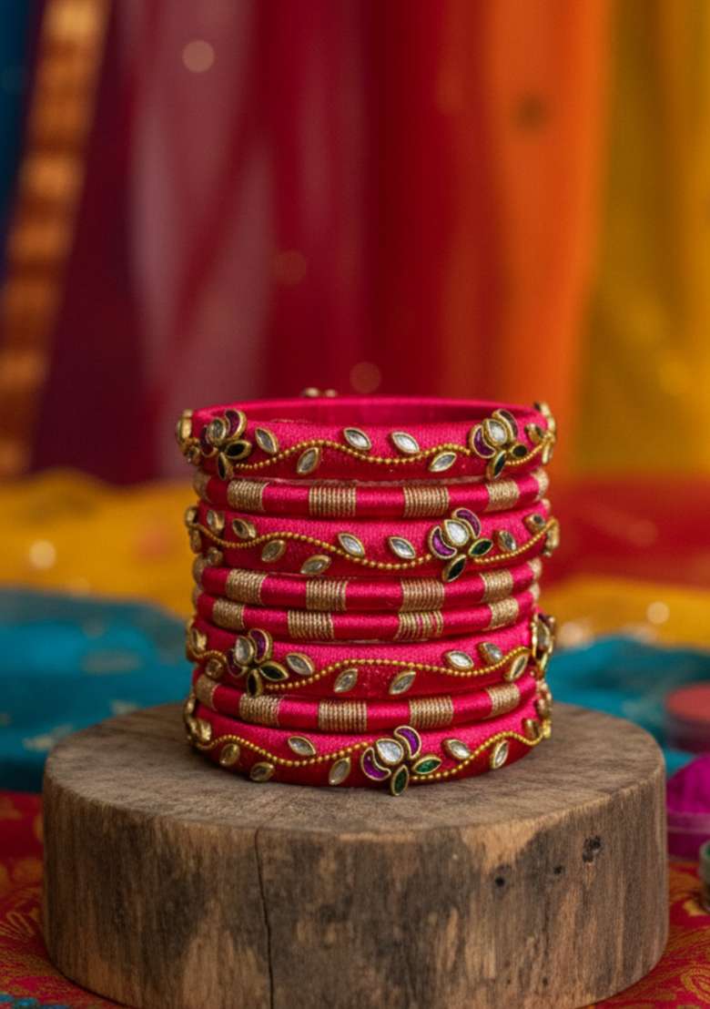 Magenta Kundan Work Silk Bangle Set - Indya