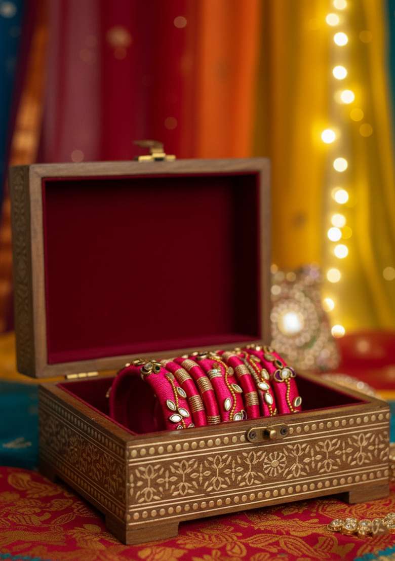 Magenta Kundan Work Silk Bangle Set - Indya