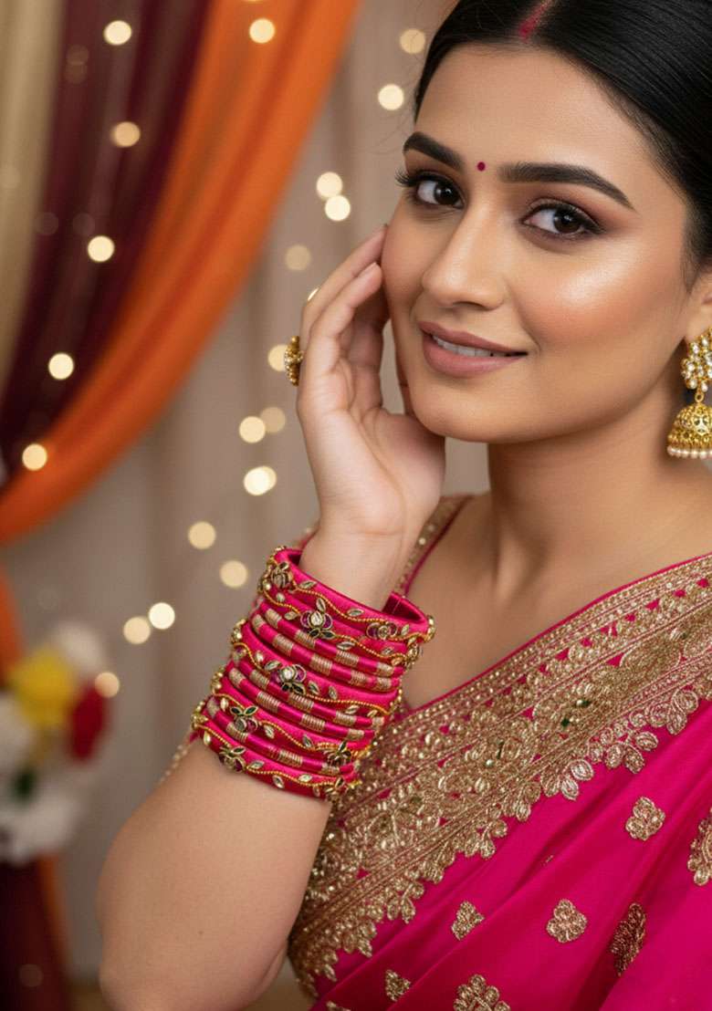 Magenta Kundan Work Silk Bangle Set - Indya