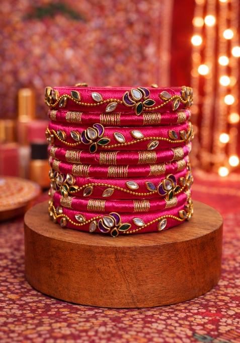 Magenta Kundan Work Silk Bangle Set