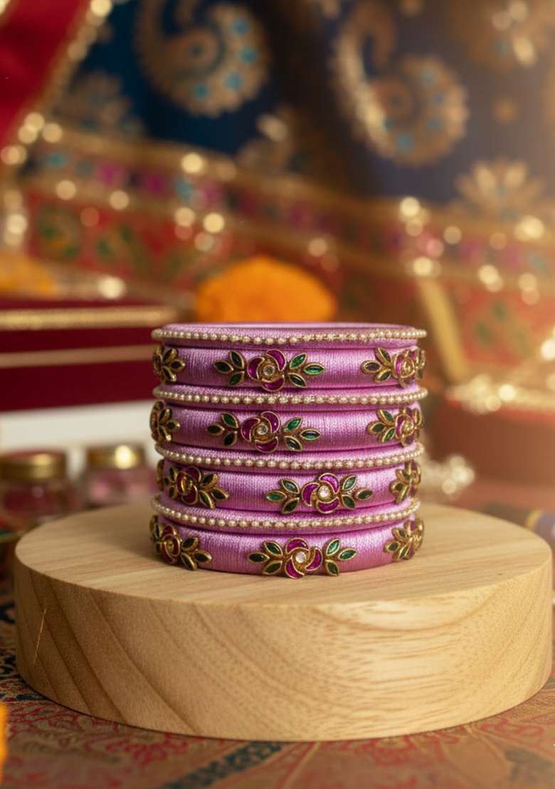 Lavender Kundan Work Silk Bangle Set - Indya