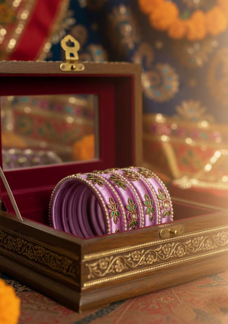 Lavender Kundan Work Silk Bangle Set - Indya