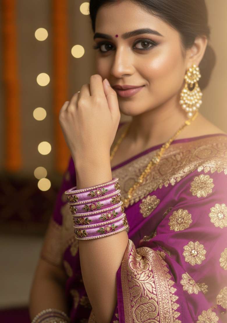 Lavender Kundan Work Silk Bangle Set - Indya