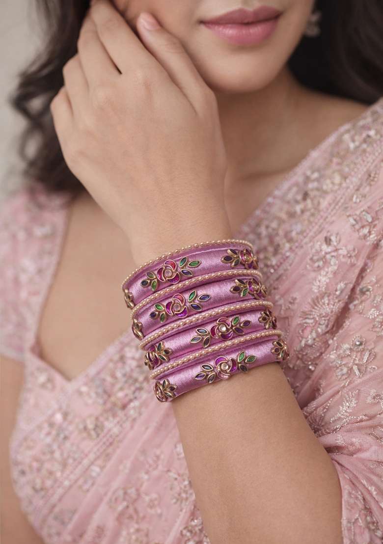 Lavender Kundan Work Silk Bangle Set - Indya