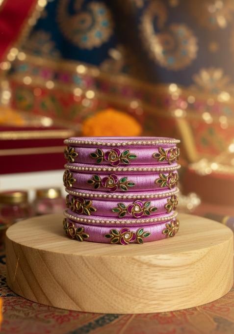 Lavender Kundan Work Silk Bangle Set