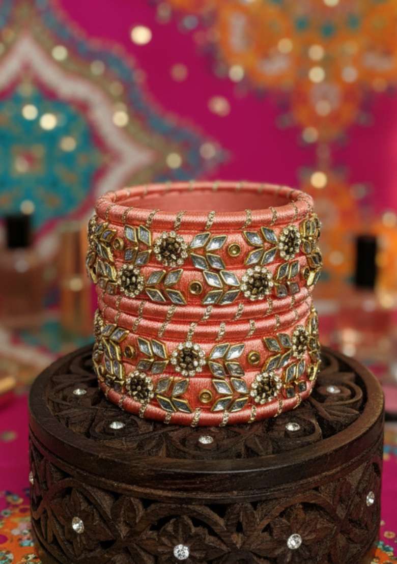Orange Kundan Work Silk Bangle Set - Indya