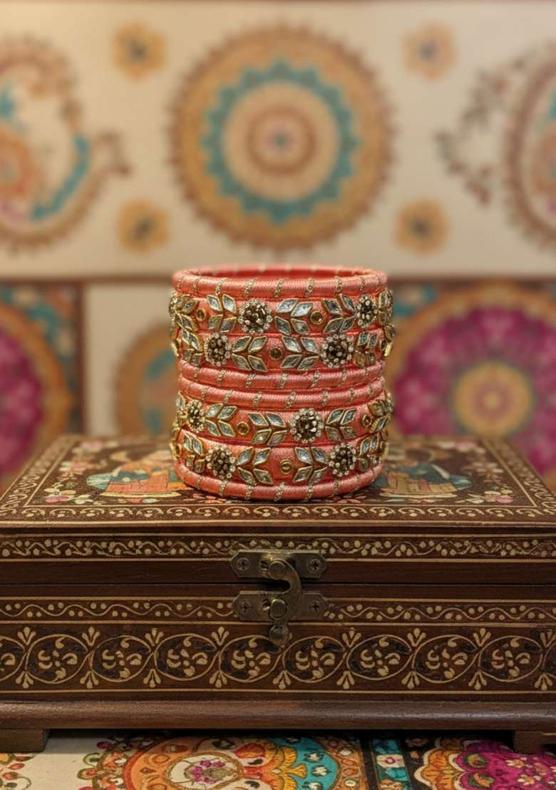 Orange Kundan Work Silk Bangle Set - Indya