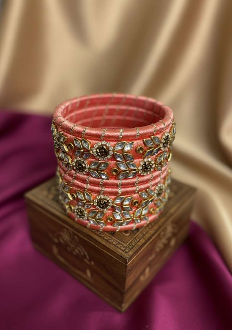 Orange Kundan Work Silk Bangle Set - Indya