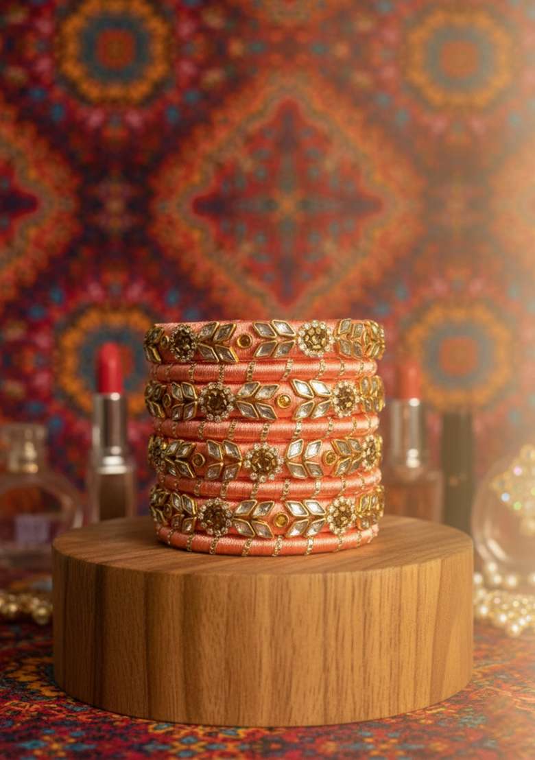 Orange Kundan Work Silk Bangle Set - Indya