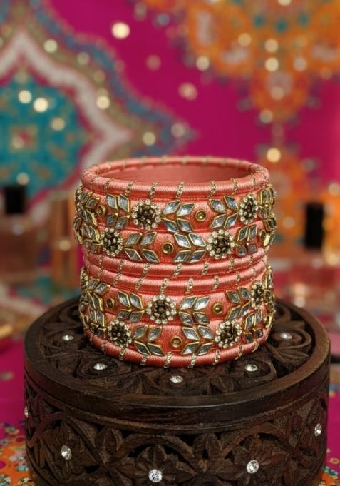Orange Kundan Work Silk Bangle Set