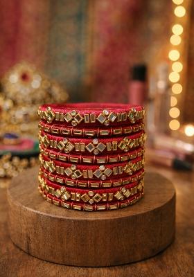 Red Kundan Work Silk Bangle Set