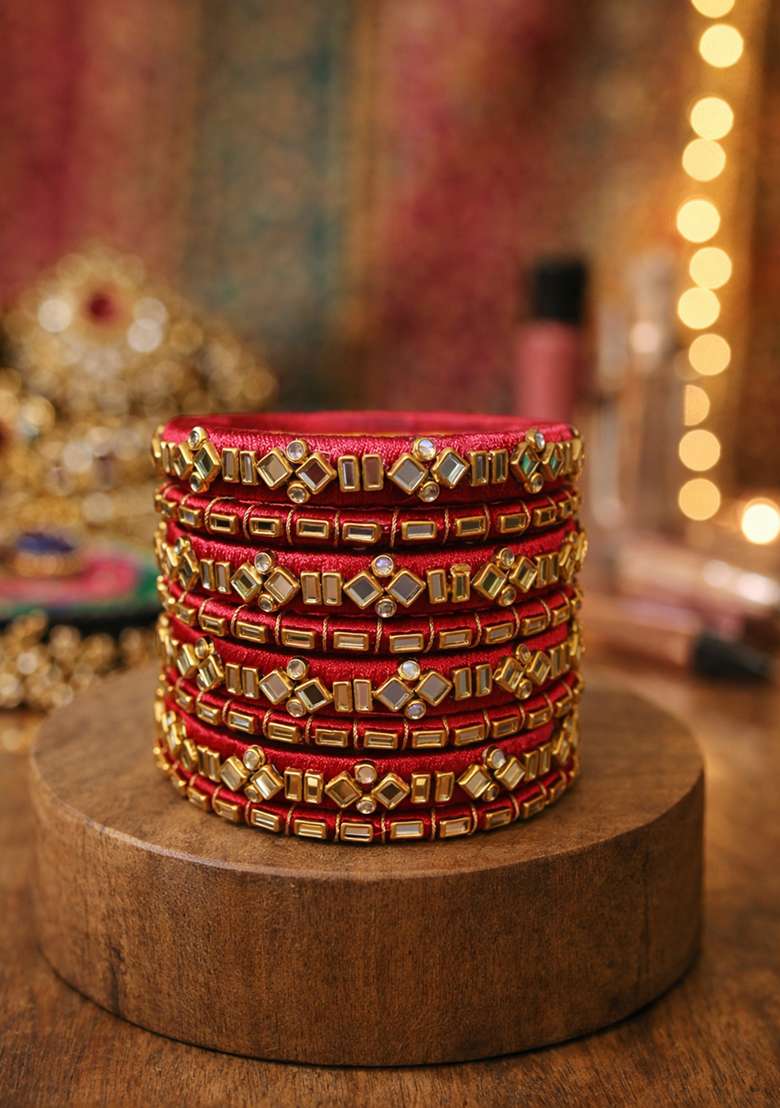Red Kundan Work Silk Bangle Set - Indya