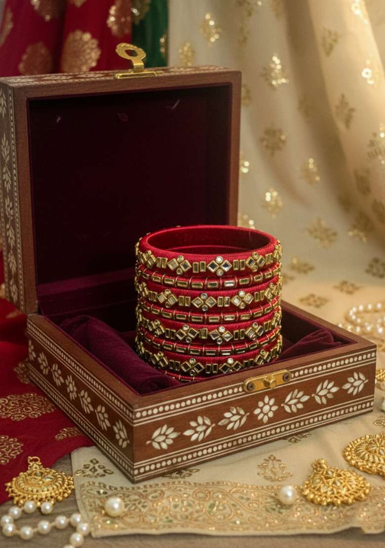 Red Kundan Work Silk Bangle Set - Indya