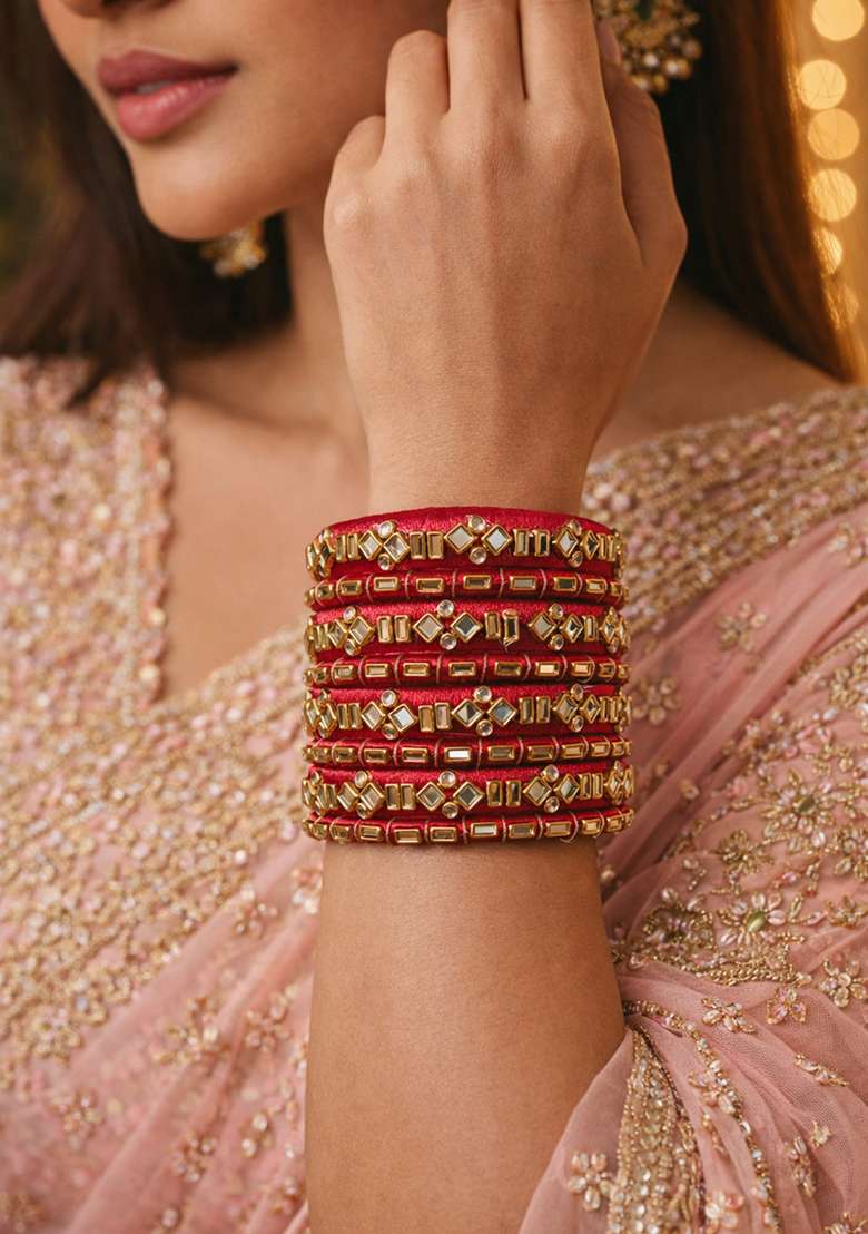 Red Kundan Work Silk Bangle Set - Indya