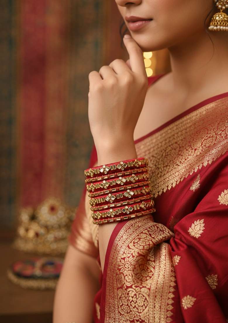 Red Kundan Work Silk Bangle Set - Indya