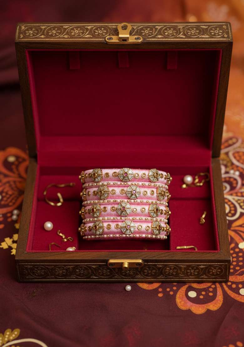 Light Pink Kundan Work Silk Bangle Set - Indya