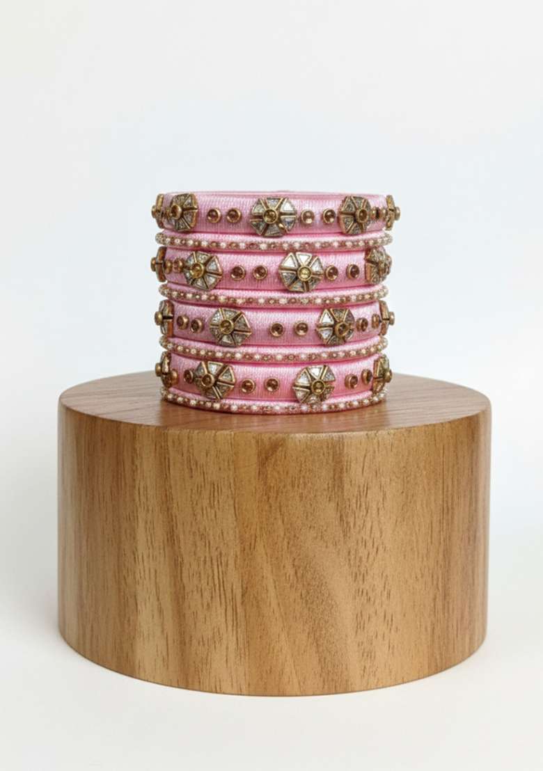 Light Pink Kundan Work Silk Bangle Set - Indya