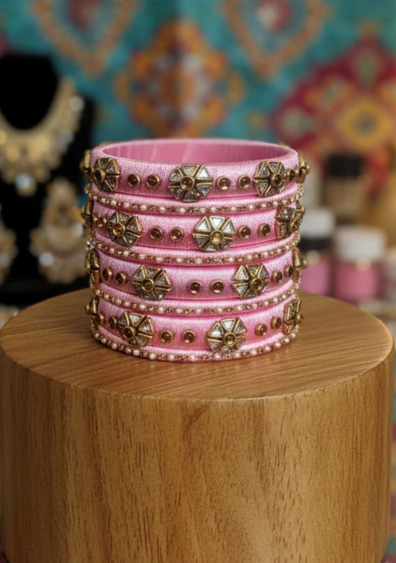 Light Pink Kundan Work Silk Bangle Set - Indya