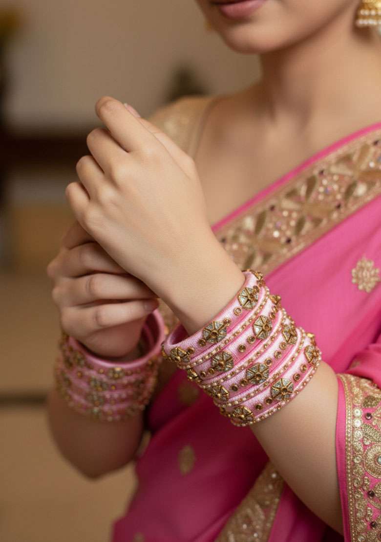 Light Pink Kundan Work Silk Bangle Set - Indya