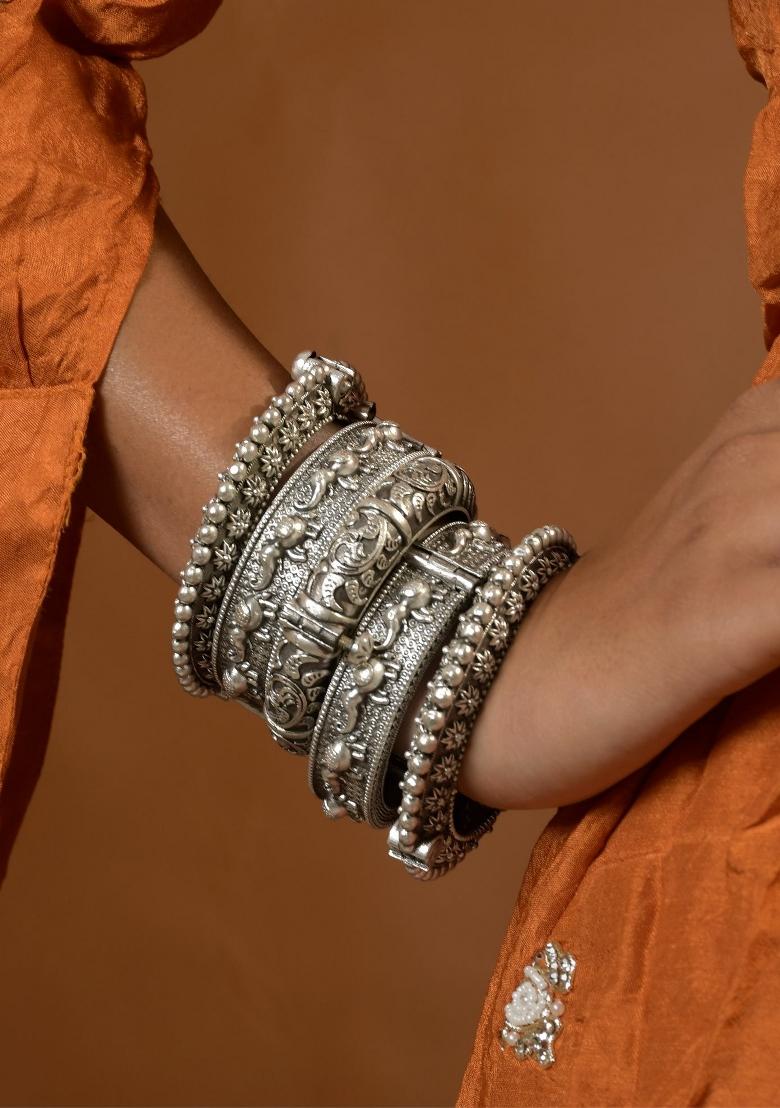 Silver Brass Bangles Set - Indya