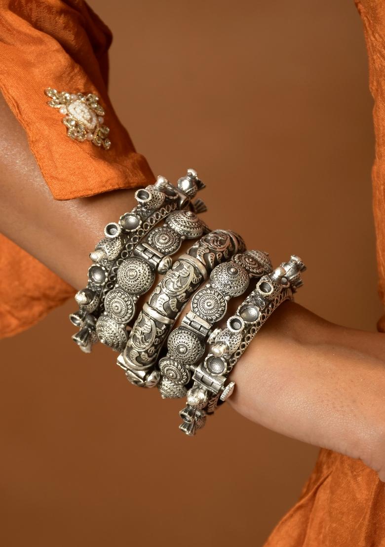 Silver Brass Bangles Set - Indya