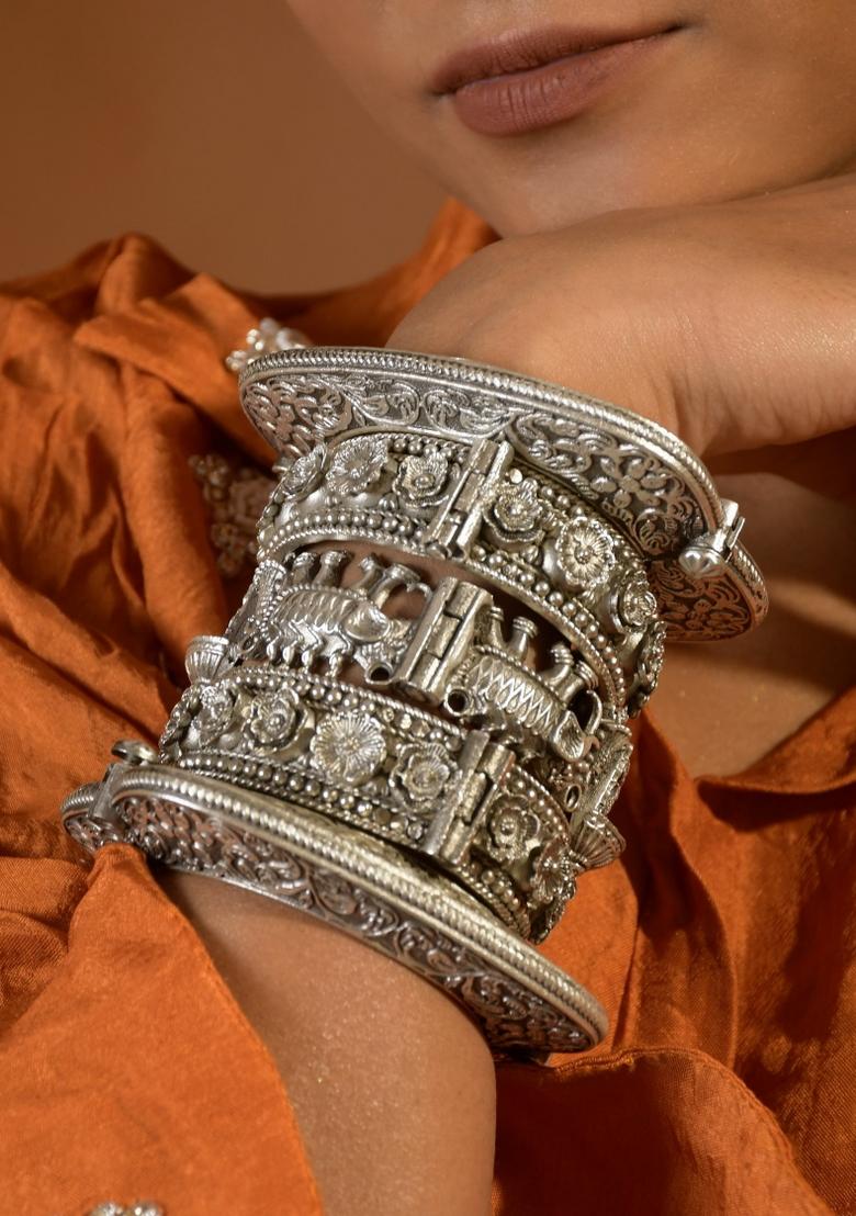 Silver Brass Bangles Set - Indya