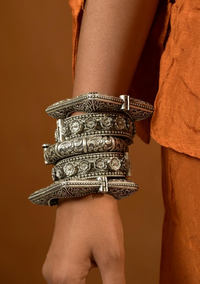 Silver Brass Bangles Set - Indya