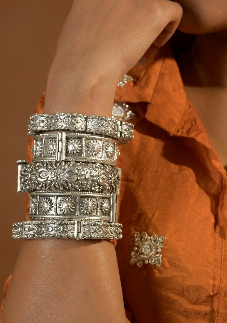 Silver Brass Bangles Set - Indya