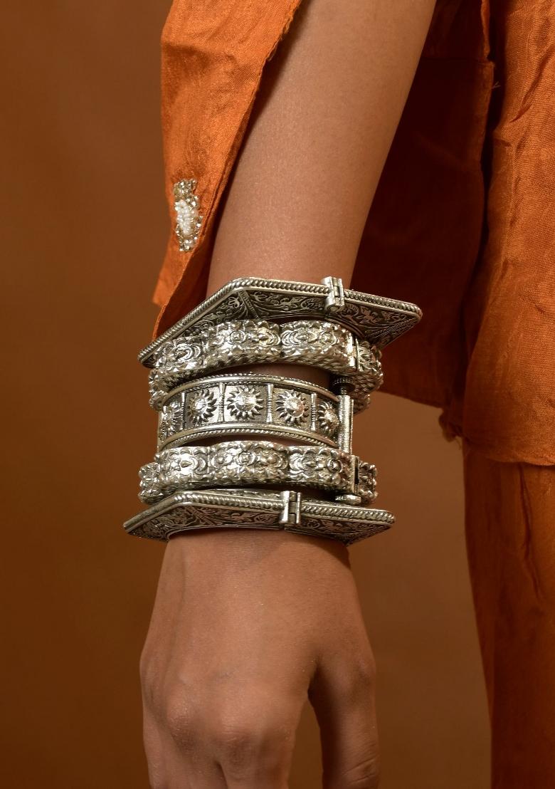 Silver Brass Bangles Set - Indya