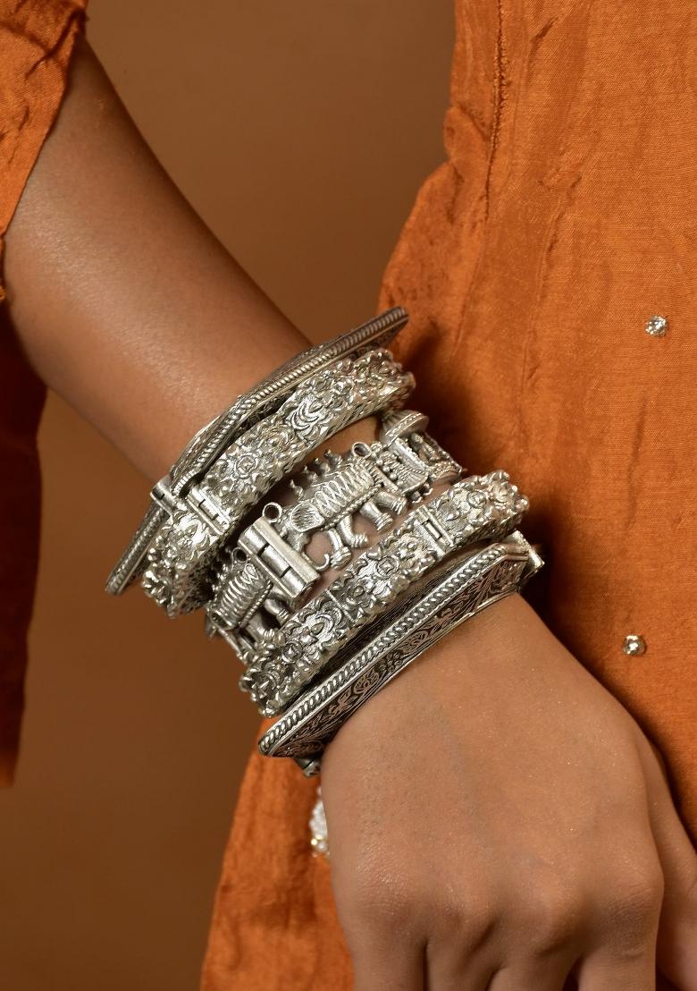 Silver Brass Bangles Set - Indya