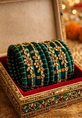 Green Silk Thread With Kunden Stone Bangles Set