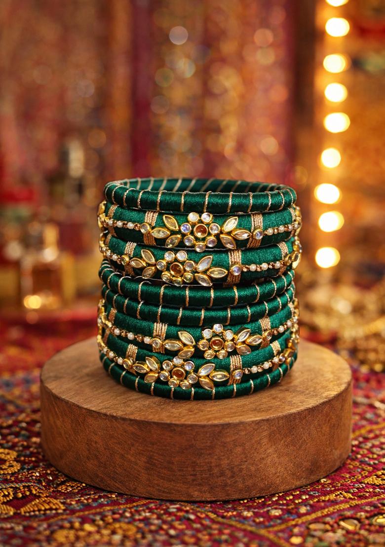 Green Silk Thread With Kunden Stone Bangles Set - Indya