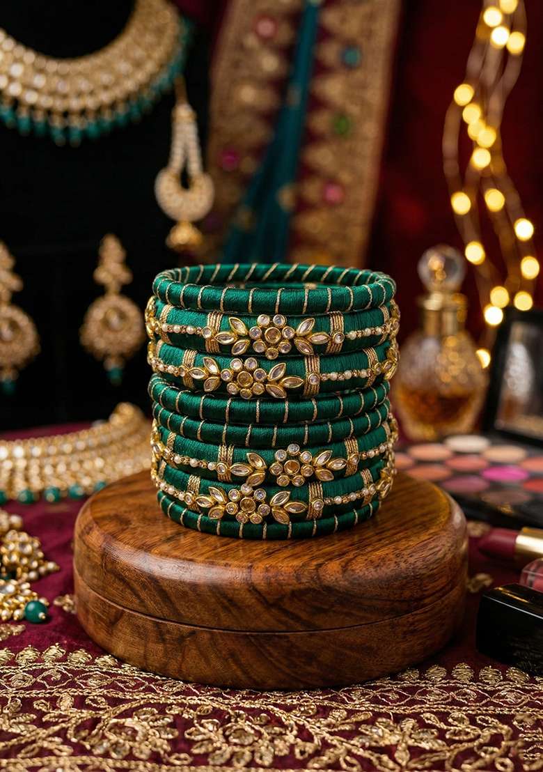Green Silk Thread With Kunden Stone Bangles Set - Indya