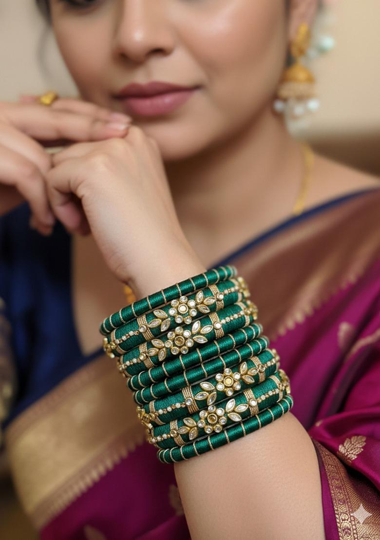 Green Silk Thread With Kunden Stone Bangles Set - Indya