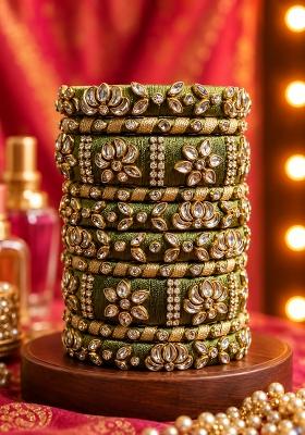 Green Stone Work Silk Thread Bangle Set