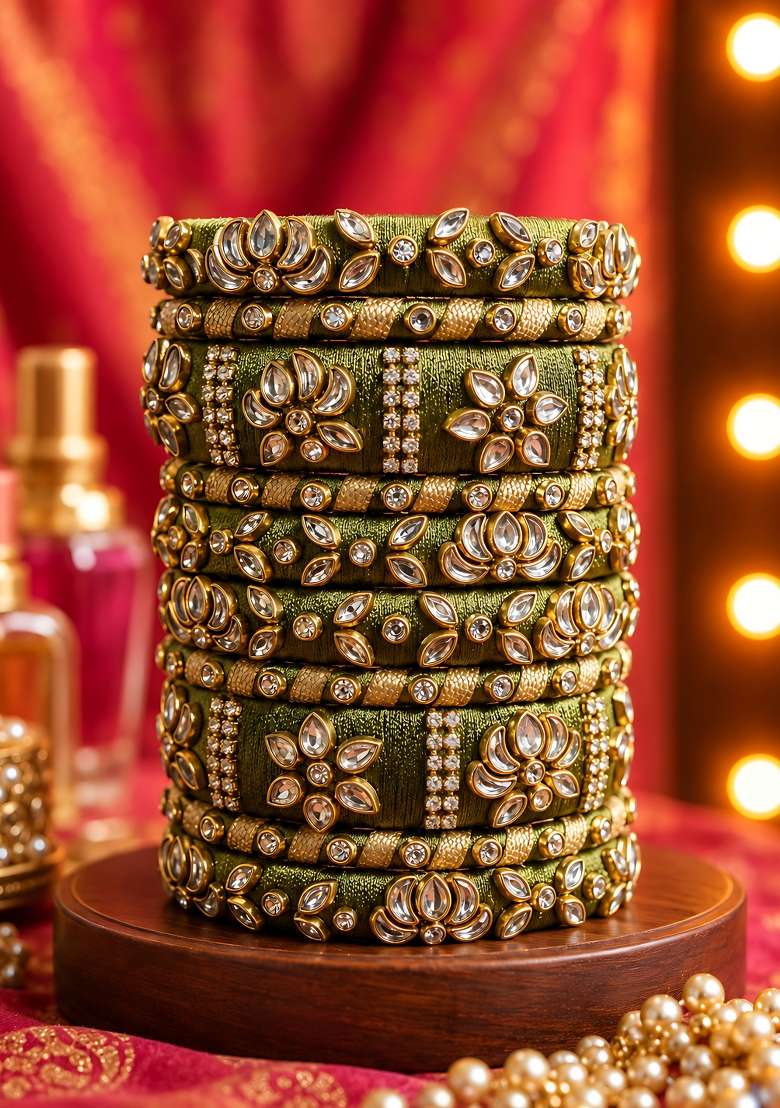 Green Stone Work Silk Thread Bangle Set - Indya