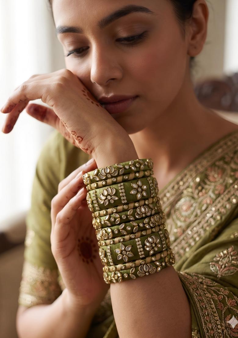 Green Stone Work Silk Thread Bangle Set - Indya