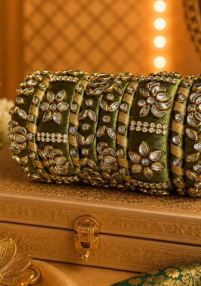 Green Stone Work Silk Thread Bangle Set - Indya